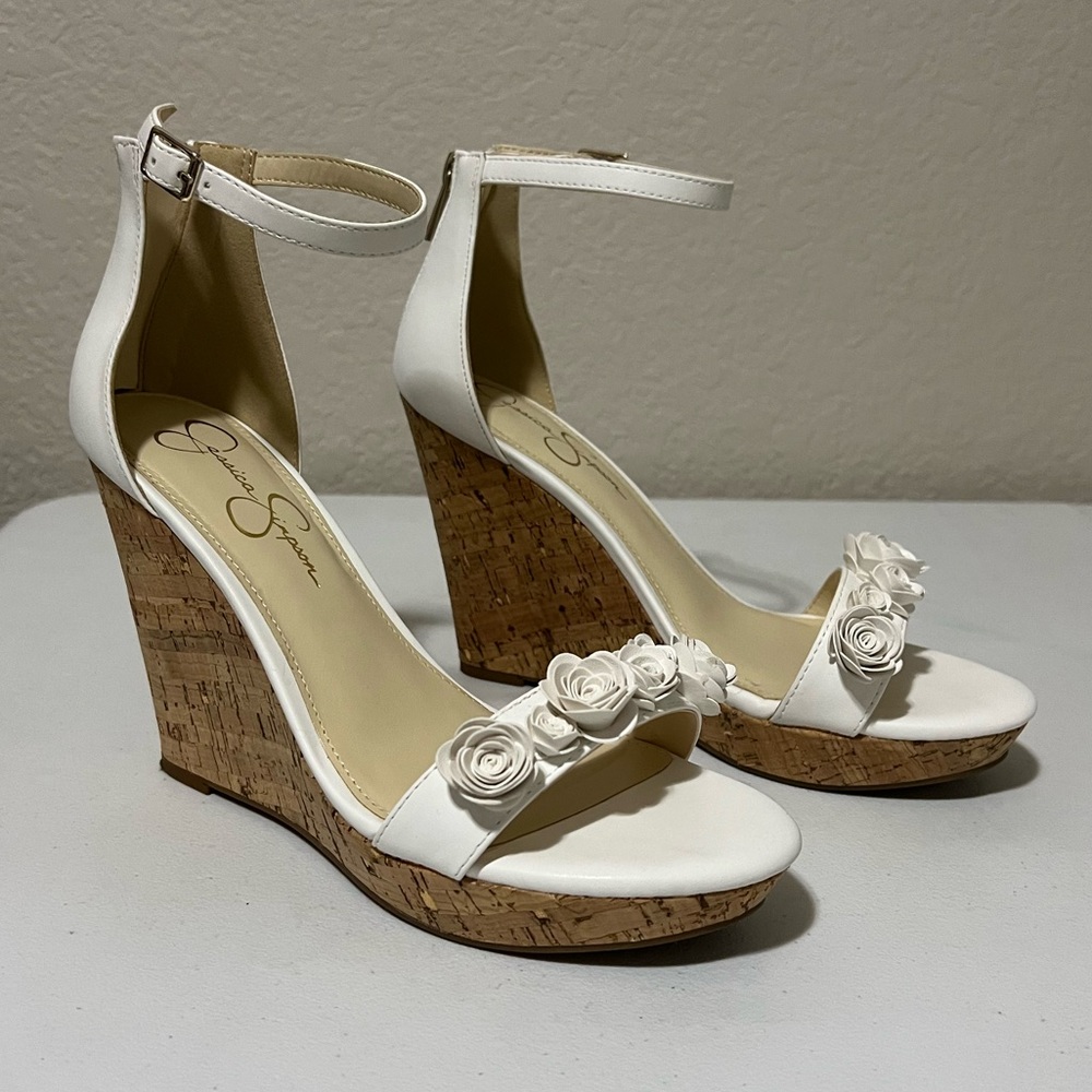 Jessica Simpson white rosette wedge heels